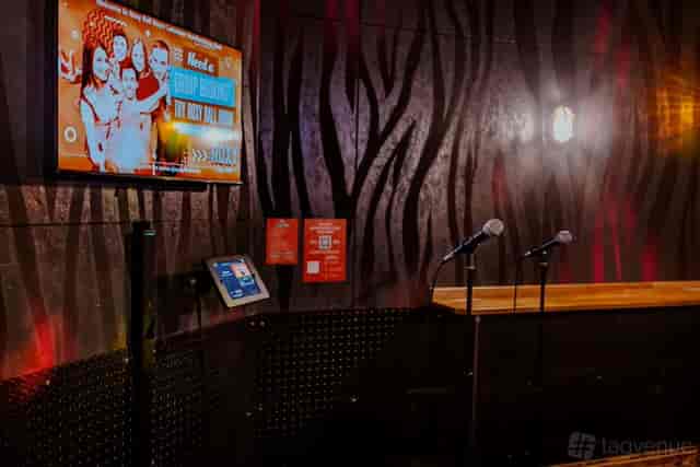 Karaoke room at Roxy Ball Room, London with vibrant backdrop for events and gatherings.