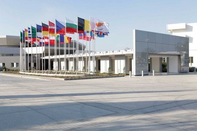 Filoxenia Conference Center entrance, prestigious venue for international summits and diplomatic events.