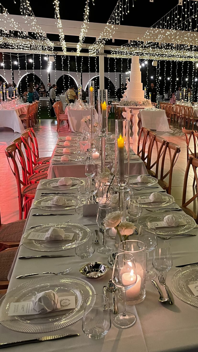 Elegant gala dinner at Ampeleon restaurant with wooden chairs and refined table settings.