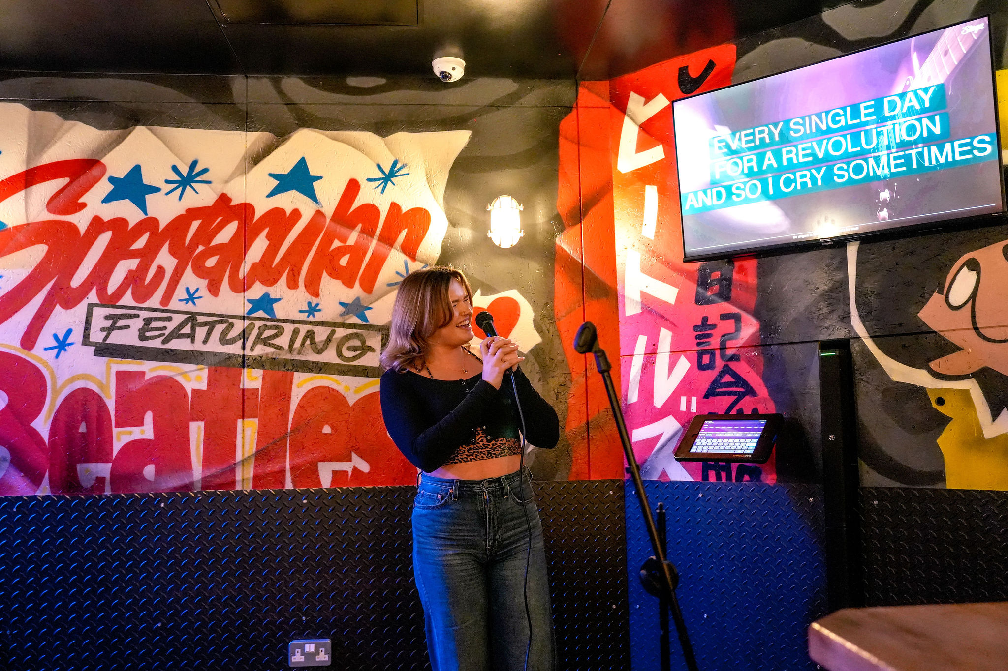 Karaoke room at Star Pins Liverpool for team building and corporate event entertainment.