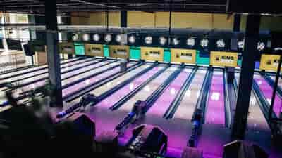 Vibrant bowling alley at King Pins, ideal for corporate events and team-building activities.