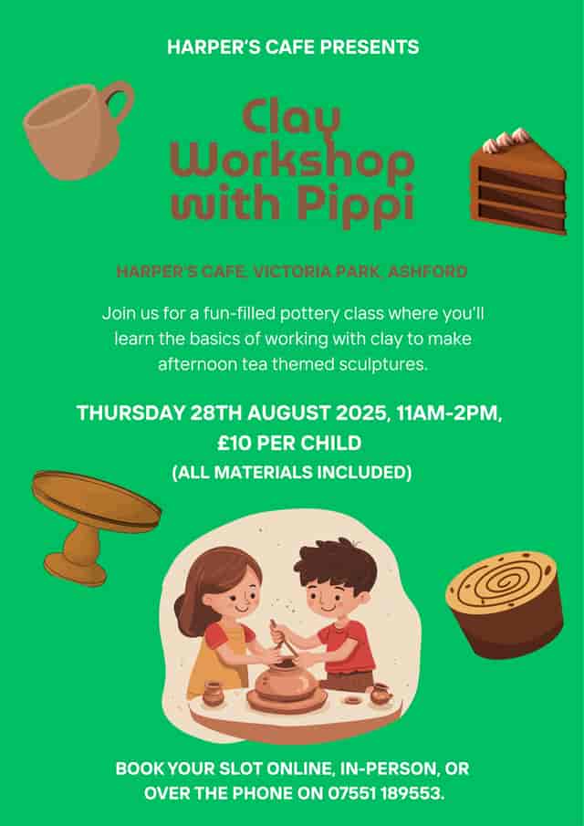 Children's pottery workshop flyer at Harper's Cafe, promoting creativity and hands-on learning.