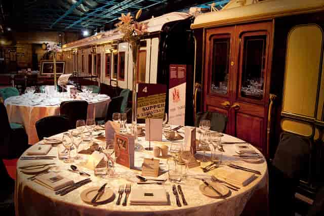 Elegant dining table in Station Hall, vintage railway venue for weddings and corporate events.