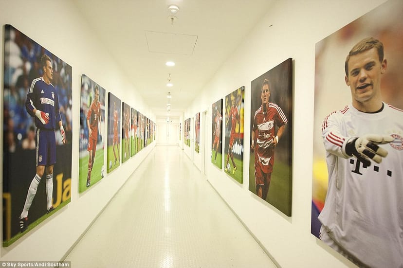 Allianz Arena dressing room with immersive branding for sports events and stadium venue tours.