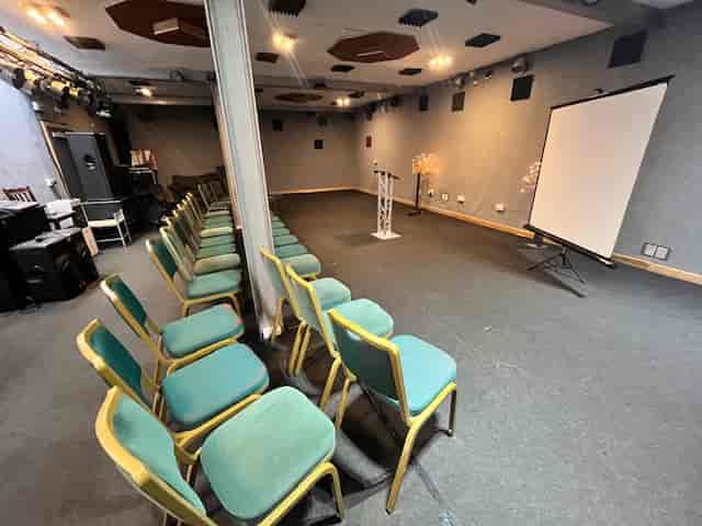 Premier Room 2 with teal chairs, ideal for presentations and meetings at Robannas Studios.