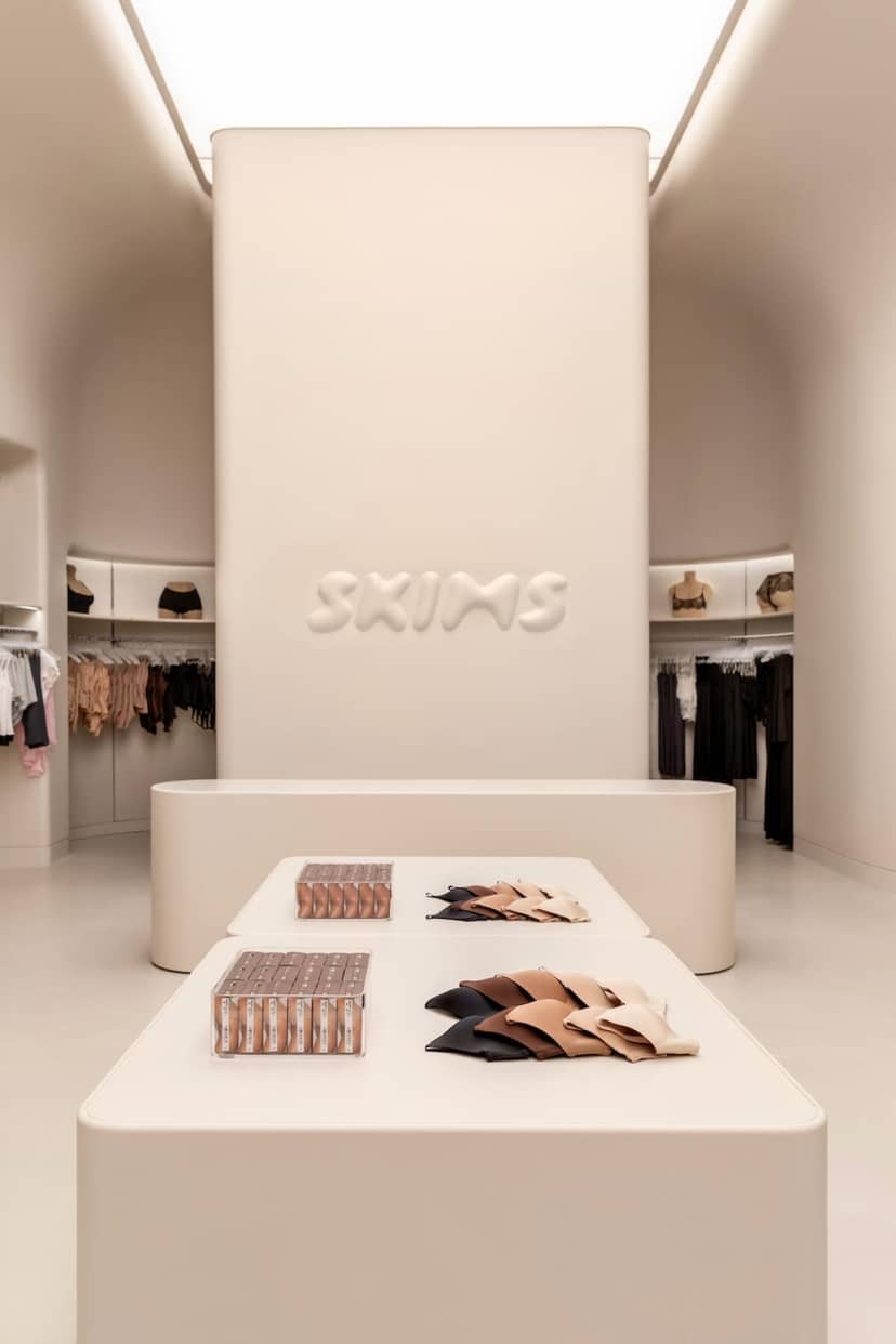 Minimalist Skinste retail space with dimensional branding for brand activation or pop-up events.