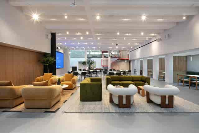 Modern event space lounge at Hale House for corporate networking and creative workshops.