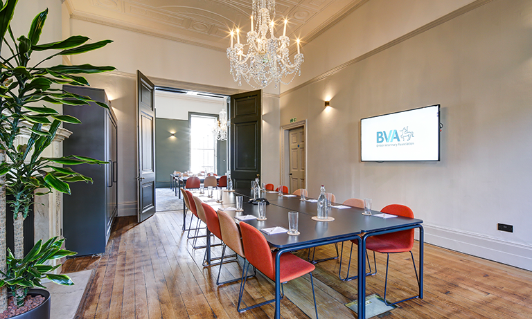 George Fleming in a sophisticated meeting room for corporate events or presentations.