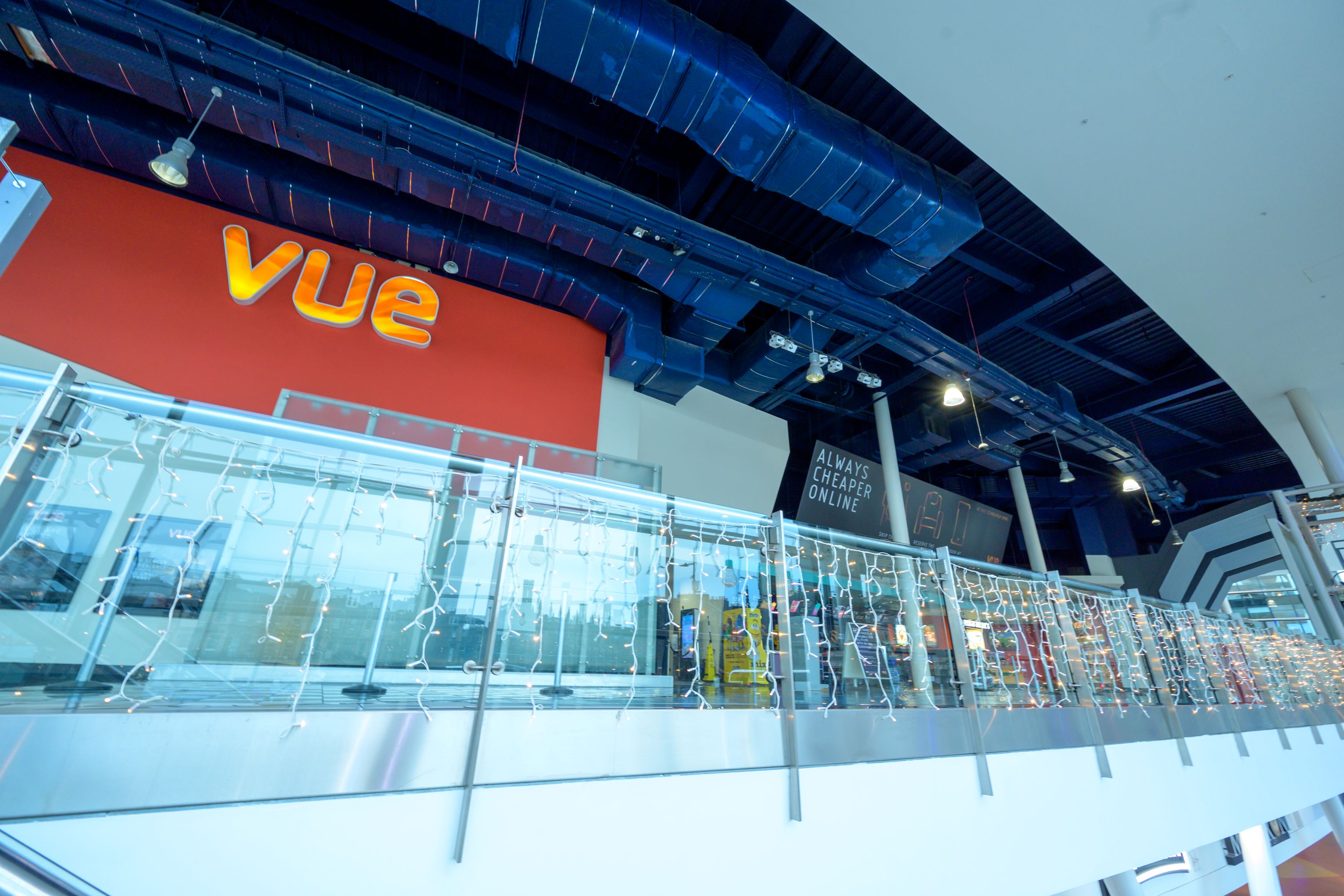 Modern tiered cinema foyer at Vue Edinburgh, ideal for corporate presentations and product launches.