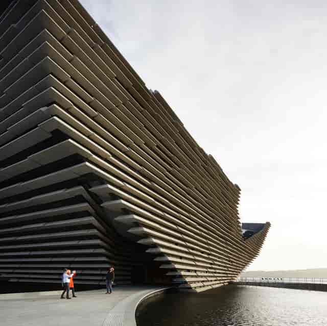 V&A Dundee museum exterior: iconic architecture for gala dinners and brand launches.