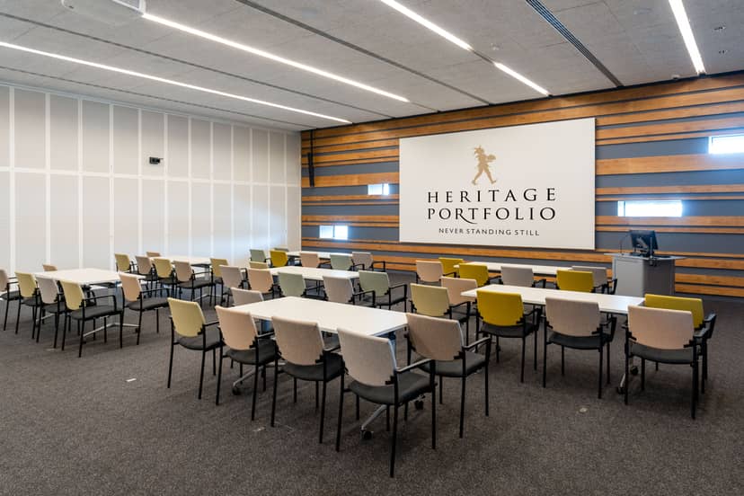 Modern conference room at V&A Dundee, modular seating for corporate training and educational events.