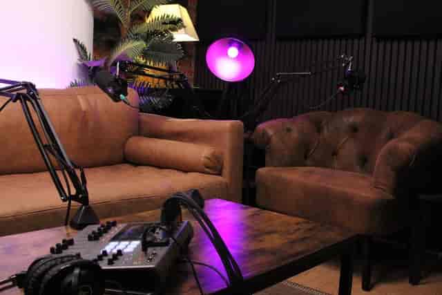 Podcast booth in Westminster studio, ideal for hybrid events and executive interviews.