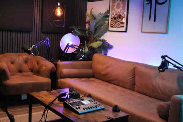 Westminster podcast studio with lounge seating for small-group event or recording session.