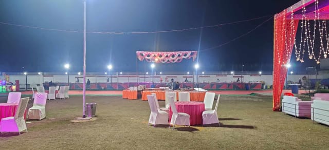 Open-air banquet hall setup for wedding and corporate event venue.