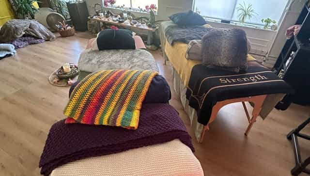 Intimate therapy room at Love Yoga Leeds for small-group somatic wellness workshops.