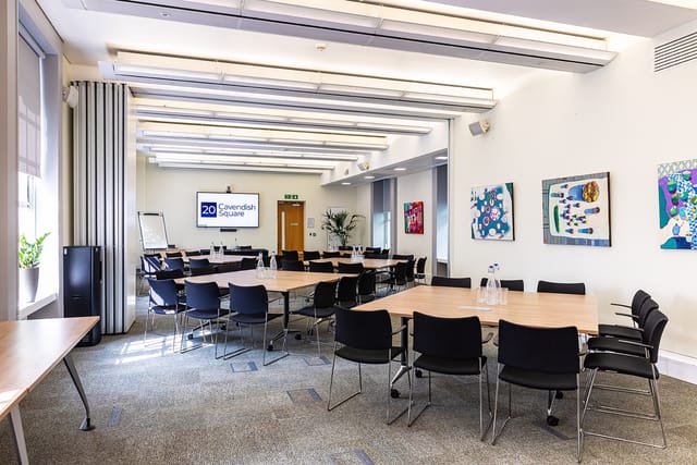 Versatile meeting space at 20 Cavendish Square, ideal for workshops and corporate events.