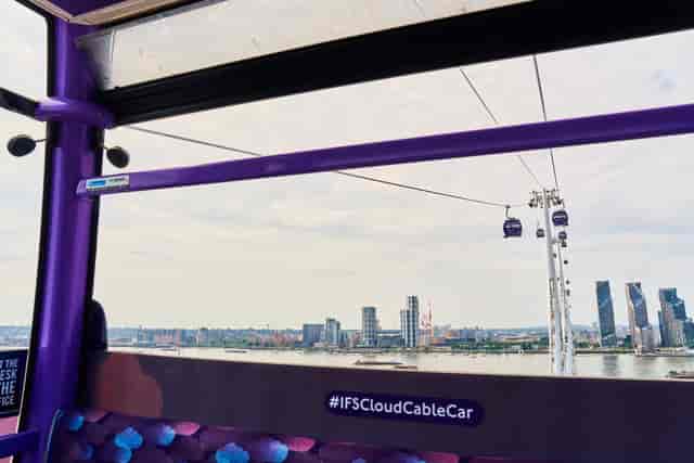 "London Cable Car cabin with panoramic skyline views, perfect for events and conferences."