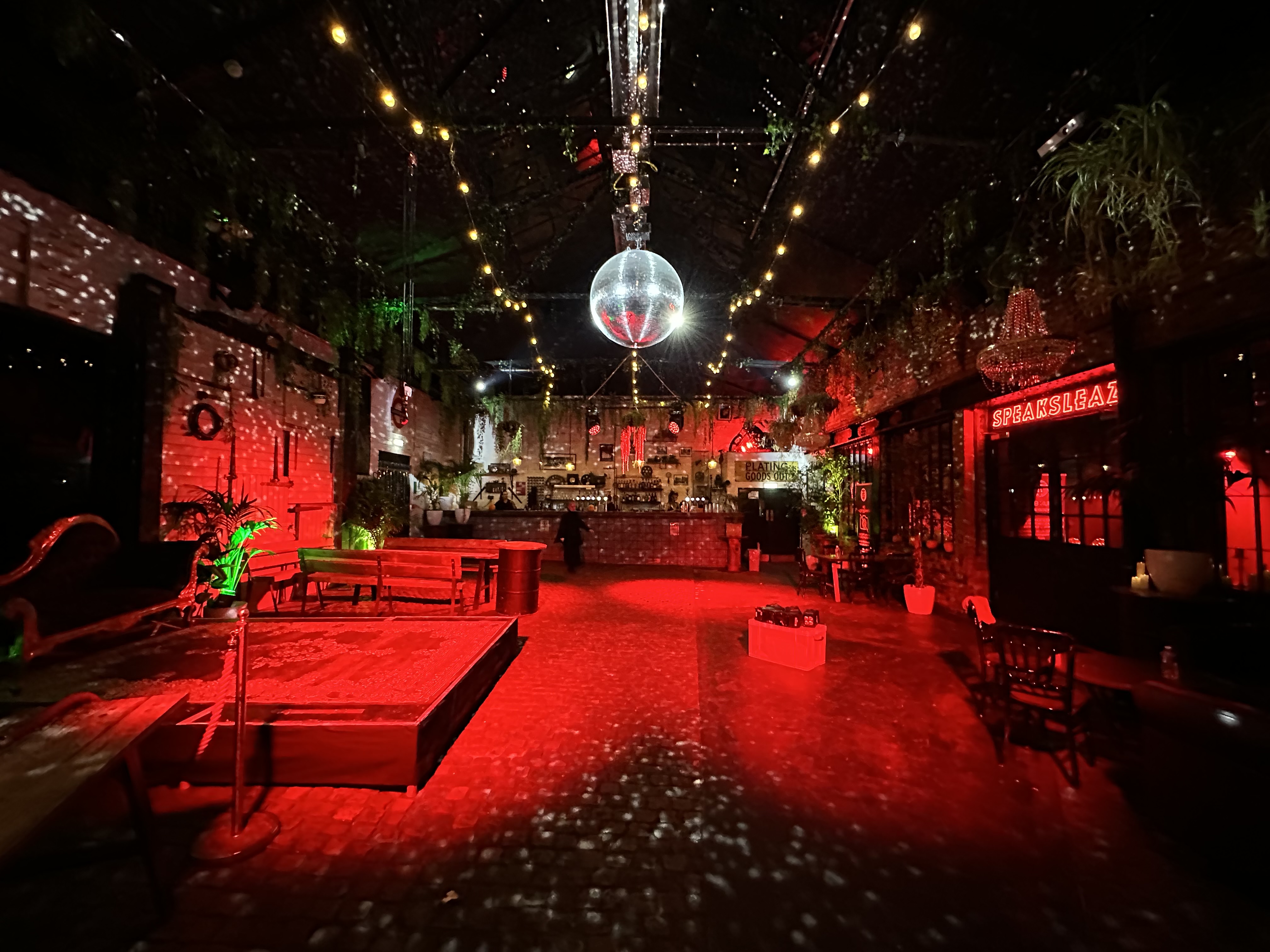 "Vibrant Electrowerkz event space with disco ball, ideal for themed parties and celebrations."