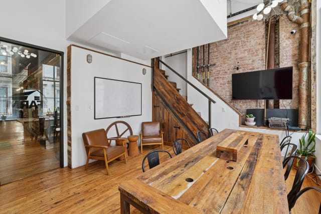 Mercer Conference Room, rustic wooden table, ideal for meetings and events at The Farm Soho.