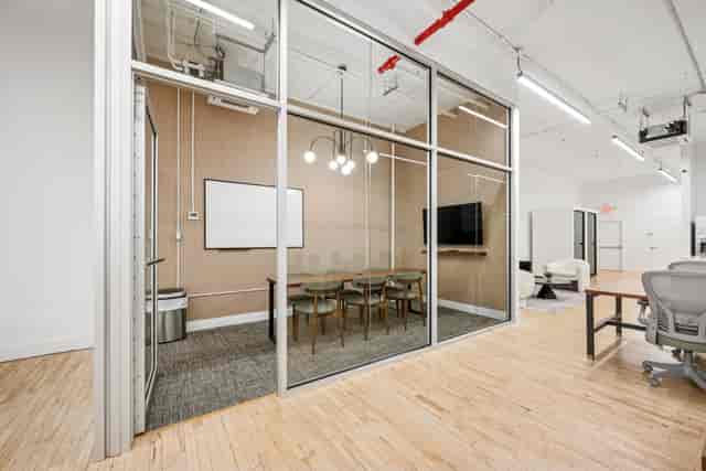 Modern Mercer Meeting Room 402 B with glass walls for collaborative meetings and presentations.