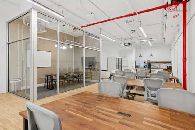 Modern Mercer Loft workspace with glass-walled room for meetings and events.
