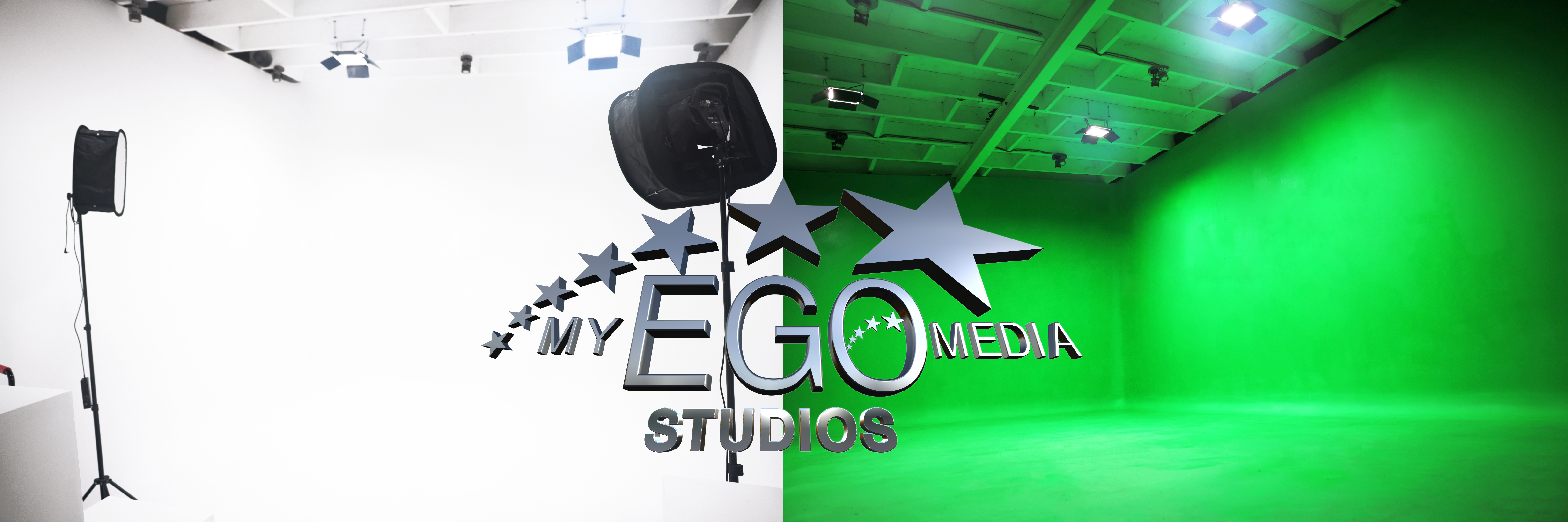 My Ego Media Studio: Versatile studio with white and green cyclorama walls for virtual events.