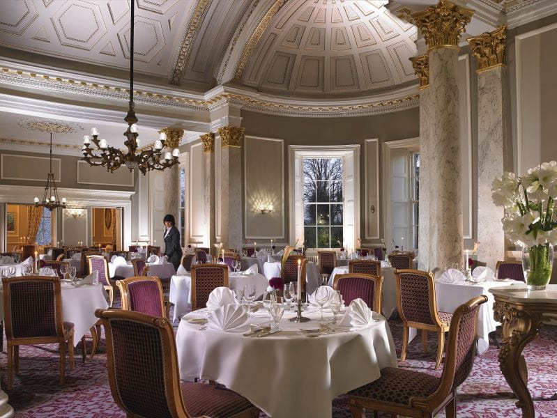 Luxury gala banquet set in Aghadoe Heights Hotel lounge with classic architecture.