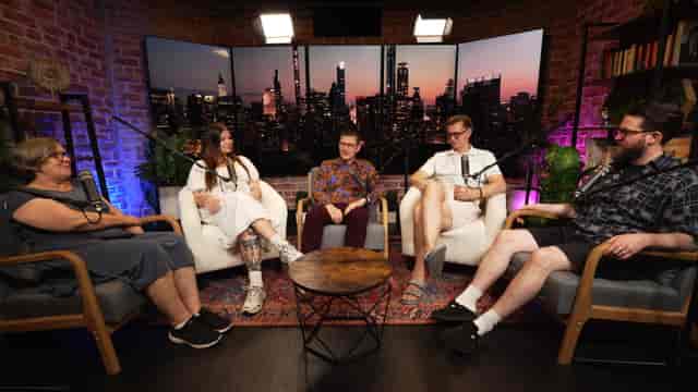 "Broadcast podcast studio setup with city skyline for engaging panel discussions."