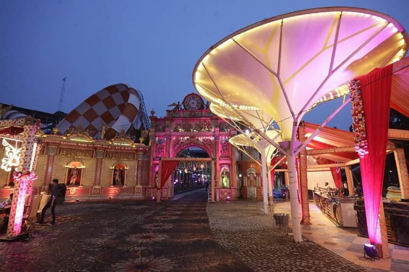 Grand Mandap at Blueworld Castles with scenic lighting for weddings and luxury events.