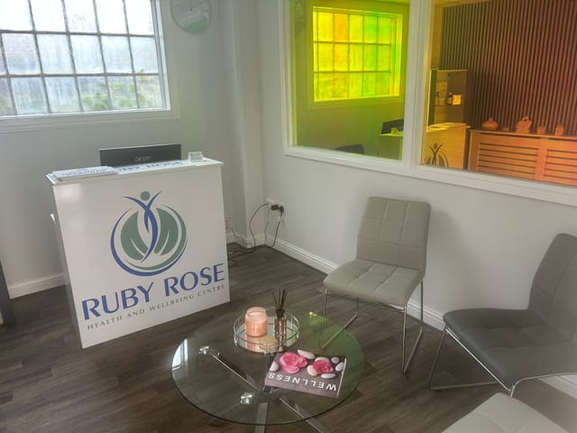 Ruby Rose Health and Wellbeing Centre minimalist reception for private health consultations.