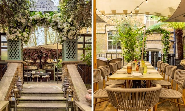 Elegant outdoor event venue with floral arch, ideal for summer soirées and corporate functions.