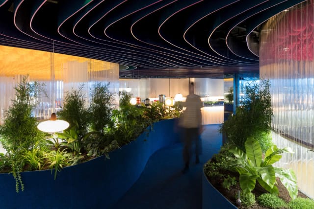 Modern workshop space with lush greenery, perfect for events and networking.