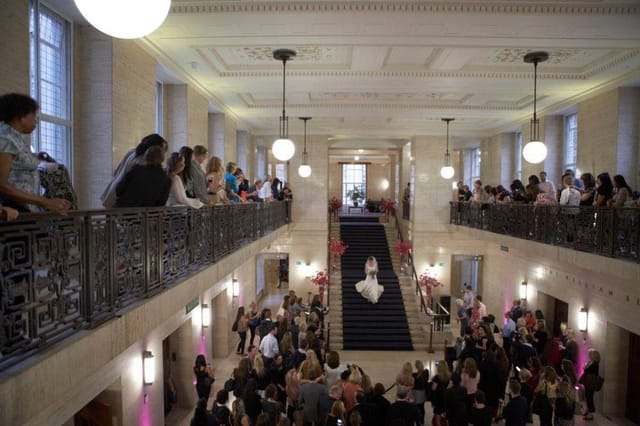 Elegant staircase in Beveridge Hall, perfect for weddings and formal events.
