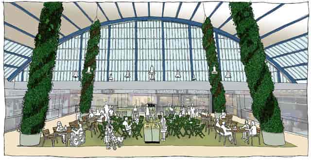 Event venue at Swansea Indoor Market with modern design and lush greenery for weddings.