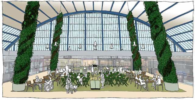 Event venue at Swansea Indoor Market with modern design and lush greenery for weddings.