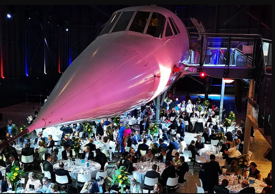 The Concorde Gallery event space featuring a prominent airplane centerpiece in Aerospace Bristol.