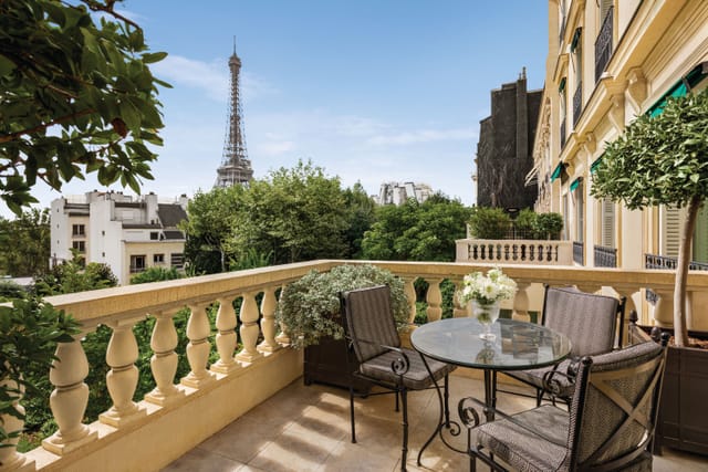 Elegant balcony view of the Eiffel Tower, ideal for intimate gatherings or networking events.