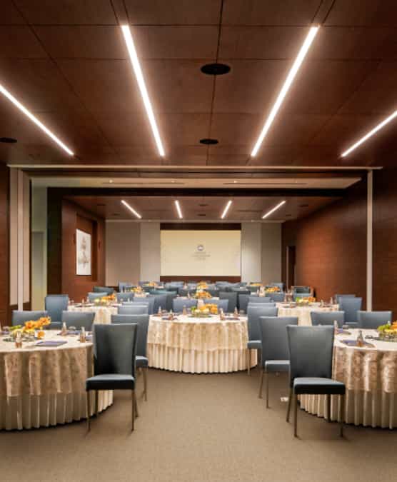 Luxury banquet meeting space at Jio World Convention Centre for corporate seminars and board events.
