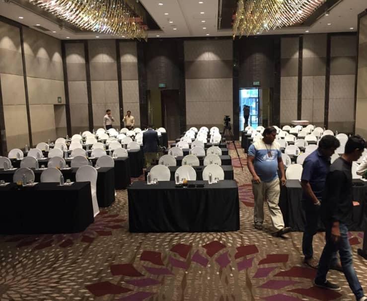 Classroom-style Royal Ballroom at JW Marriott Mumbai Sahar for corporate conference meetings.