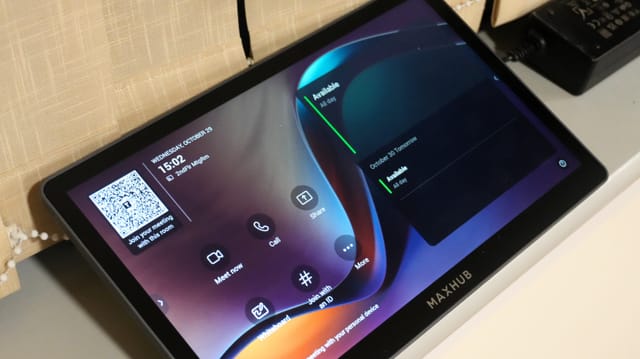 Maxhub controller in Red Room for hybrid meeting room booking and one-touch check-in.