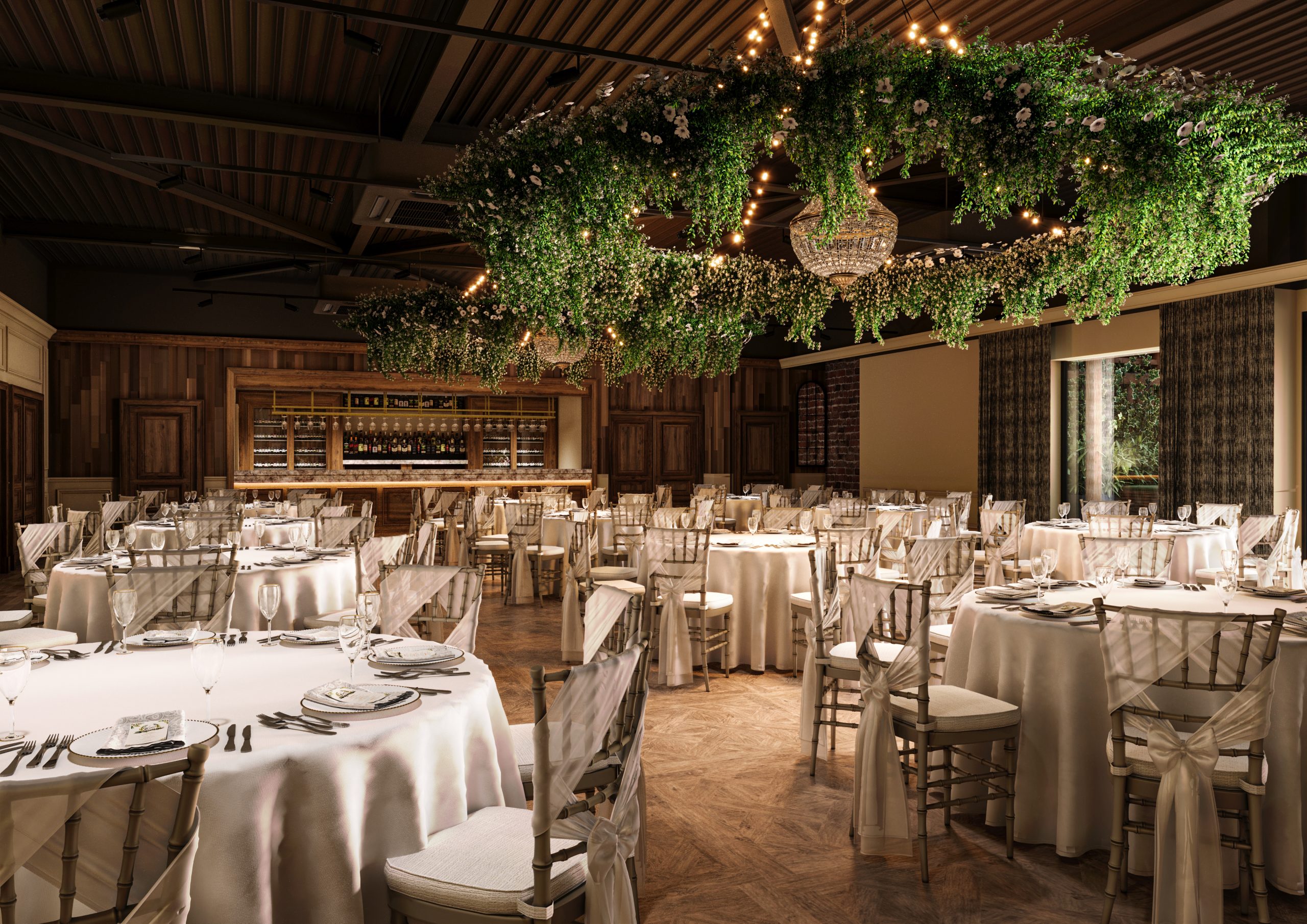 Elegant banquet setup with round tables, perfect for weddings or upscale events in Newton Hall. - Banner