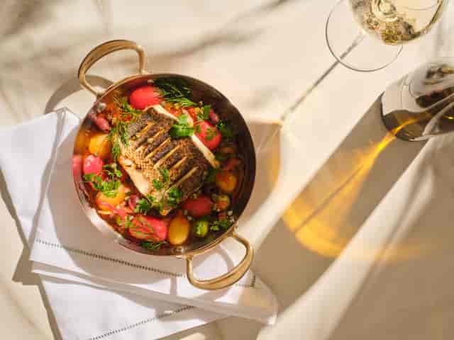 Gourmet plated entrée at Rosetta Private Dining Room, Corinthia London for executive dining events.