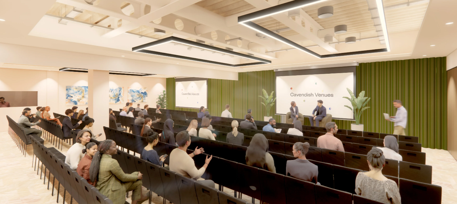 Conference room at Basinghall Forum with tiered seating, ideal for presentations and networking. - Banner