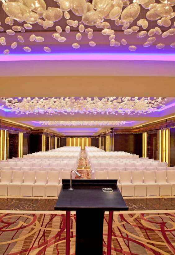 "Radisson Blu Plaza Delhi Airport event space with elegant chairs, perfect for conferences."