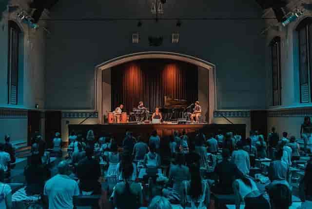 Perth Town Hall Main Hall proscenium stage for acoustic performance and historic event venue.