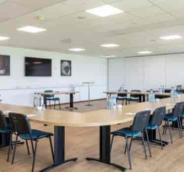 Epic Centre meeting room with U-shaped table setup for workshops and presentations in Lincolnshire.