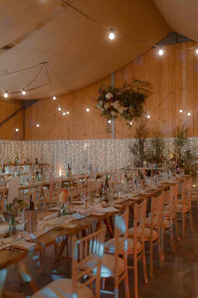 Elegant wedding venue in Carrick Castle with rustic decor and string lights.