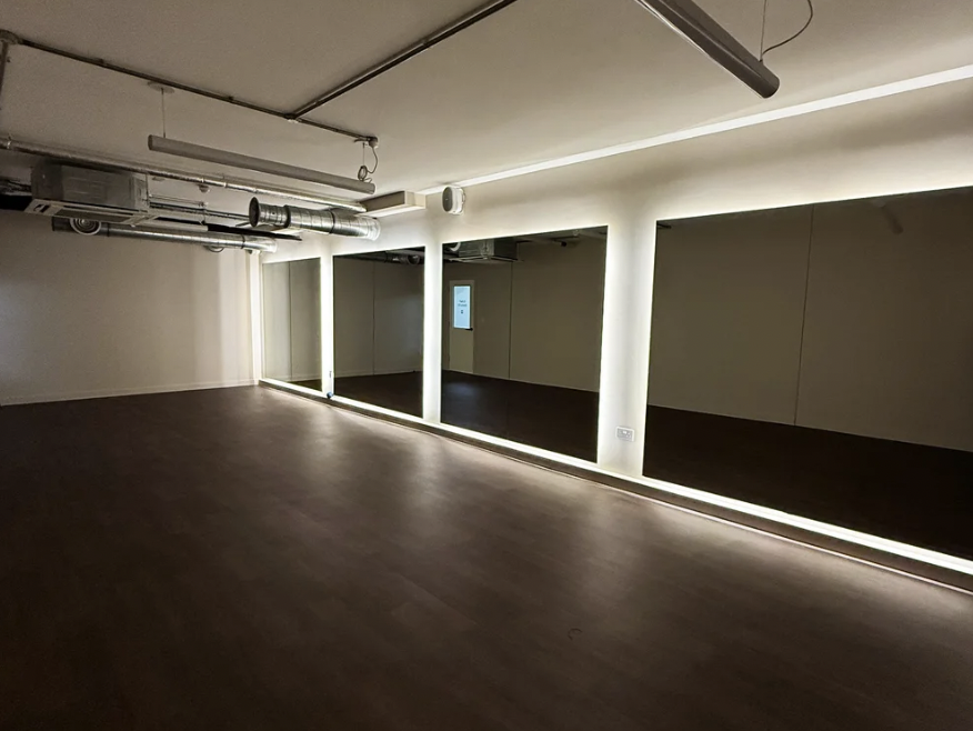 Versatile event space at Tails Studio with large mirrors, perfect for workshops and classes.