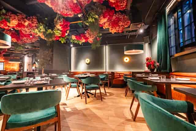 Stylish restaurant interior at 45 Curtain Road, ideal for events and dining.