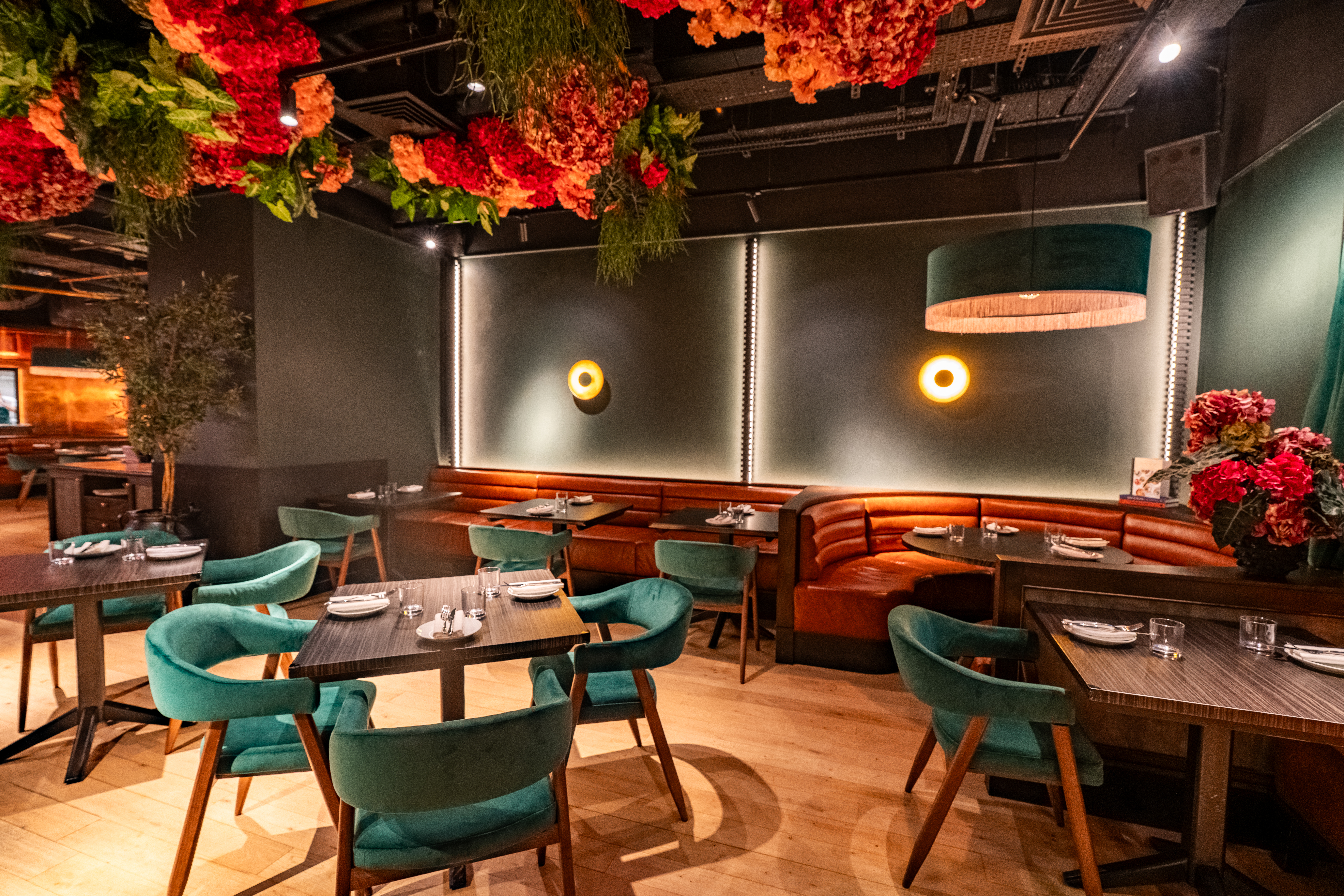 Stylish restaurant interior at 45 Curtain Road, ideal for corporate dinners and gatherings.